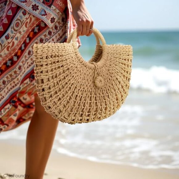 Large Straw Hobo Bag Woven Beach Purse Tote with Drawstring Closure - Picture 3 of 7